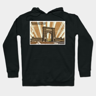 Retro Roosevelt Arch in Yellowstone National Park in orange Hoodie